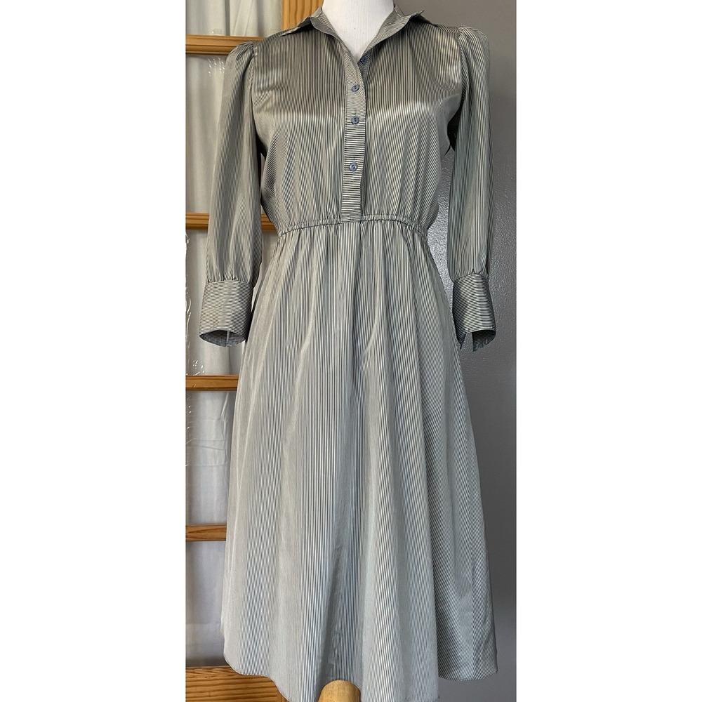 80s Susan Howard Striped Midi Dress S-M Taupe Satin 3/4 Sleeve Classic Career - Picture 2 of 15